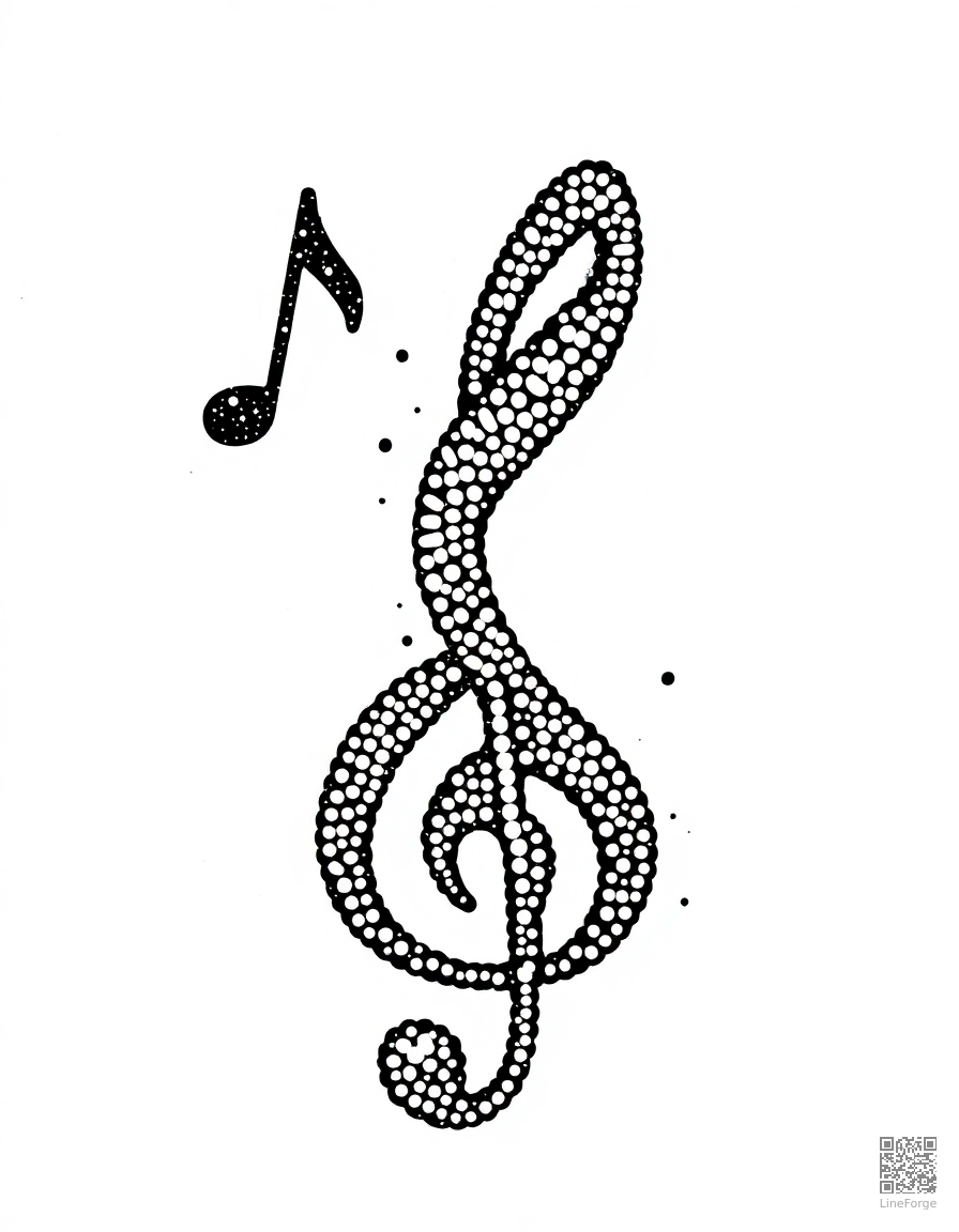 music notes and treble clef pattern coloring page Stipple style - free printable