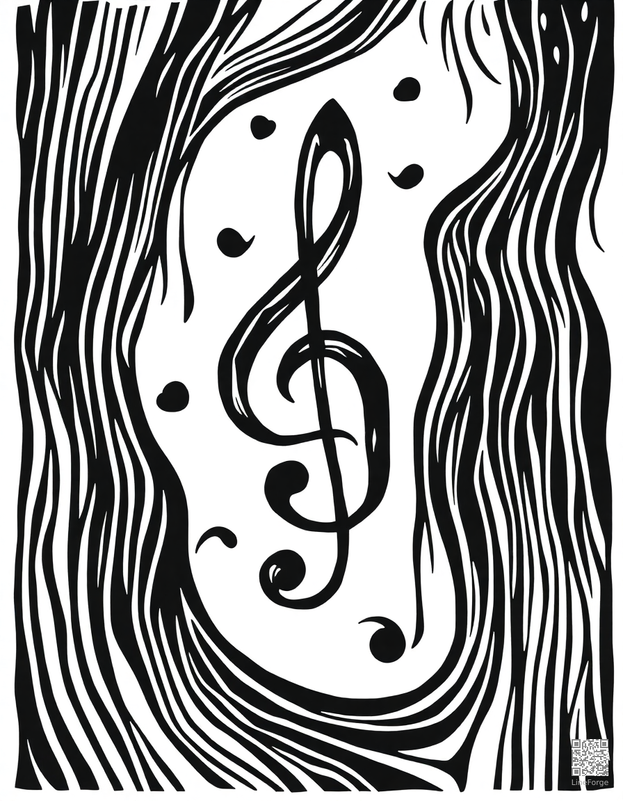 music notes and treble clef pattern coloring page Woodcut style - free printable