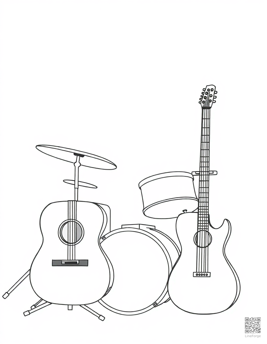 Musical instruments — guitar, drums, piano coloring page Contour style - free printable