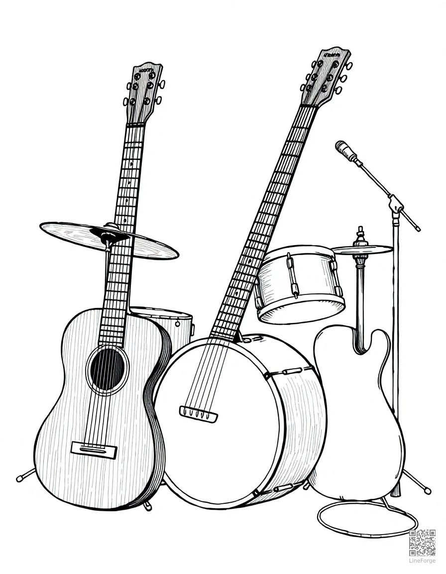 Musical instruments — guitar, drums, piano coloring page Crosshatch style - free printable