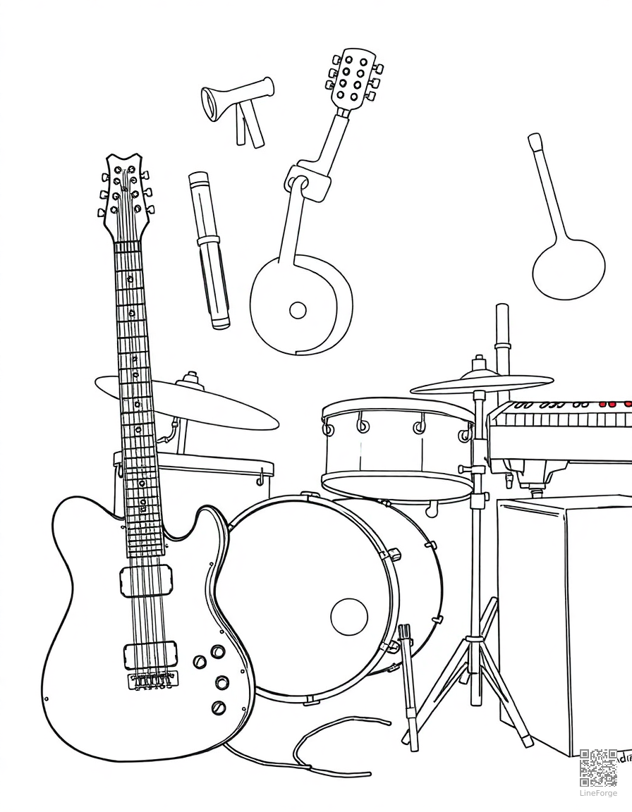 Musical instruments — guitar, drums, piano coloring page Manga style - free printable