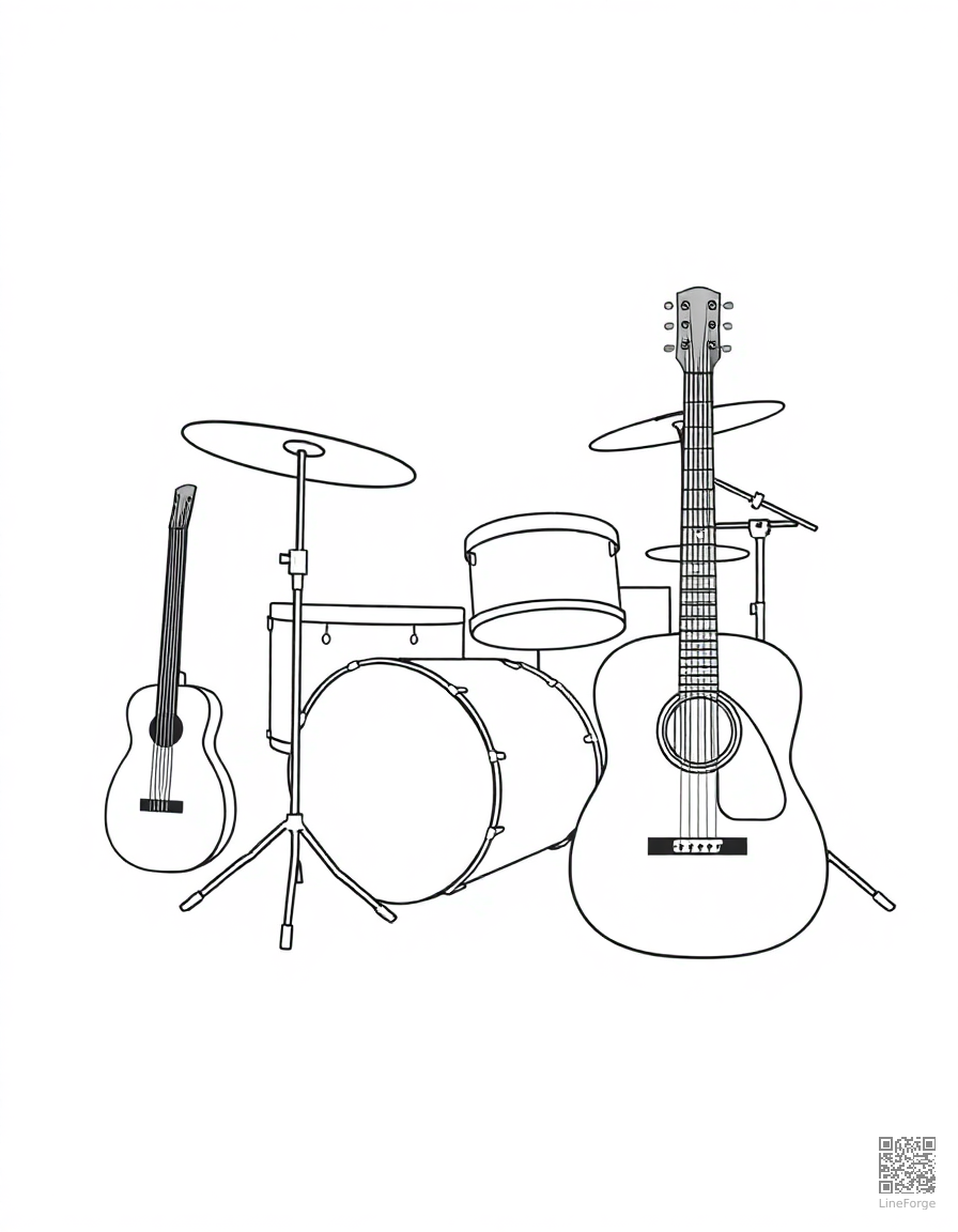 Musical instruments — guitar, drums, piano coloring page Minimal style - free printable
