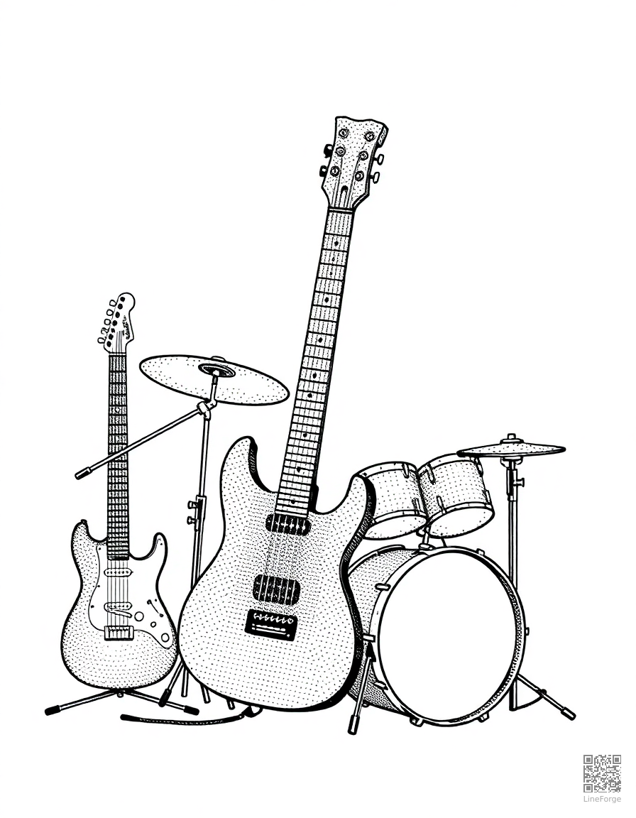 Musical instruments — guitar, drums, piano coloring page Stipple style - free printable