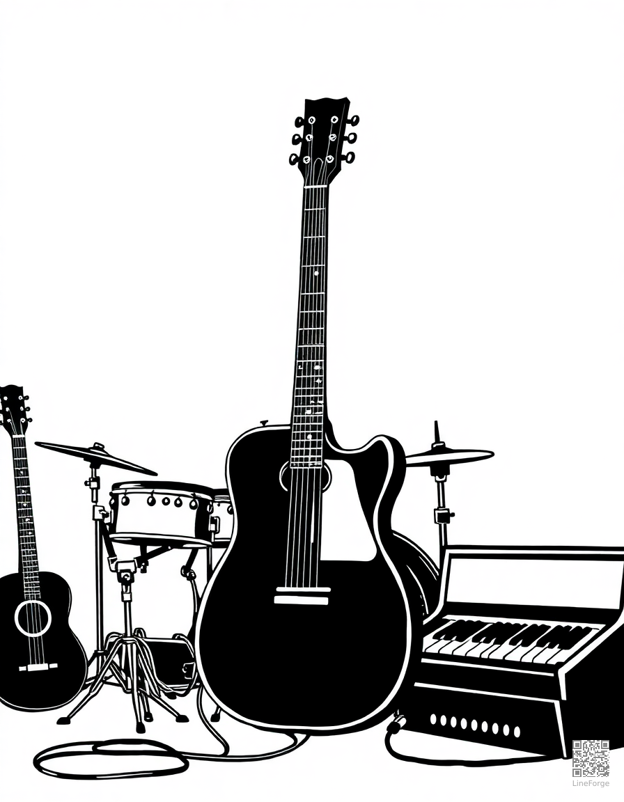 Musical instruments — guitar, drums, piano coloring page Woodcut style - free printable