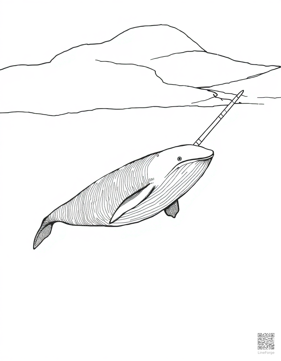 narwhal swimming under the arctic ice coloring page Crosshatch style - free printable