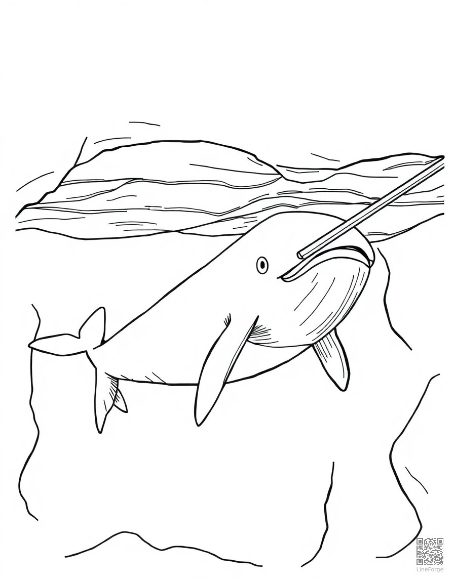 narwhal swimming under the arctic ice coloring page Manga style - free printable