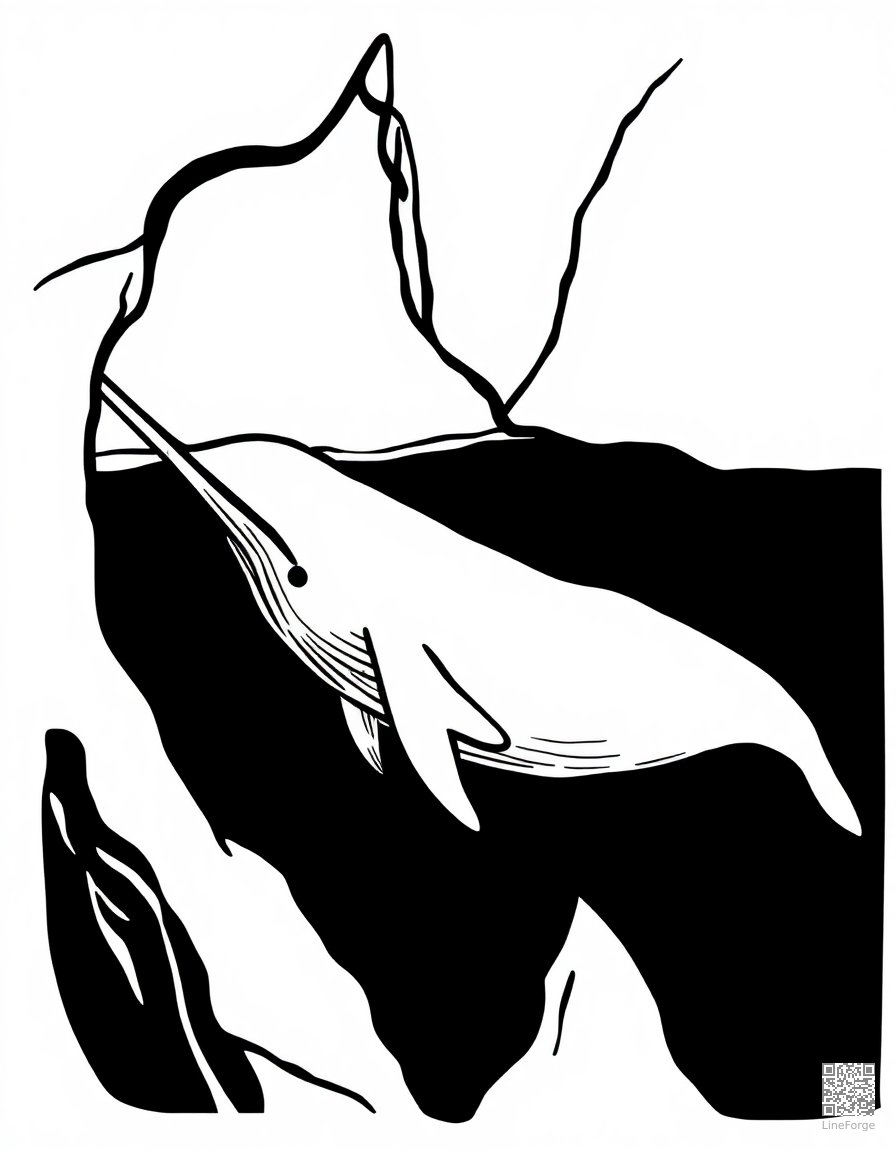 narwhal swimming under the arctic ice coloring page Woodcut style - free printable