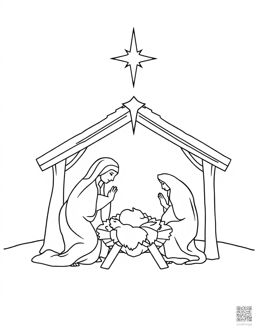 nativity scene with manger and star coloring page Contour style - free printable