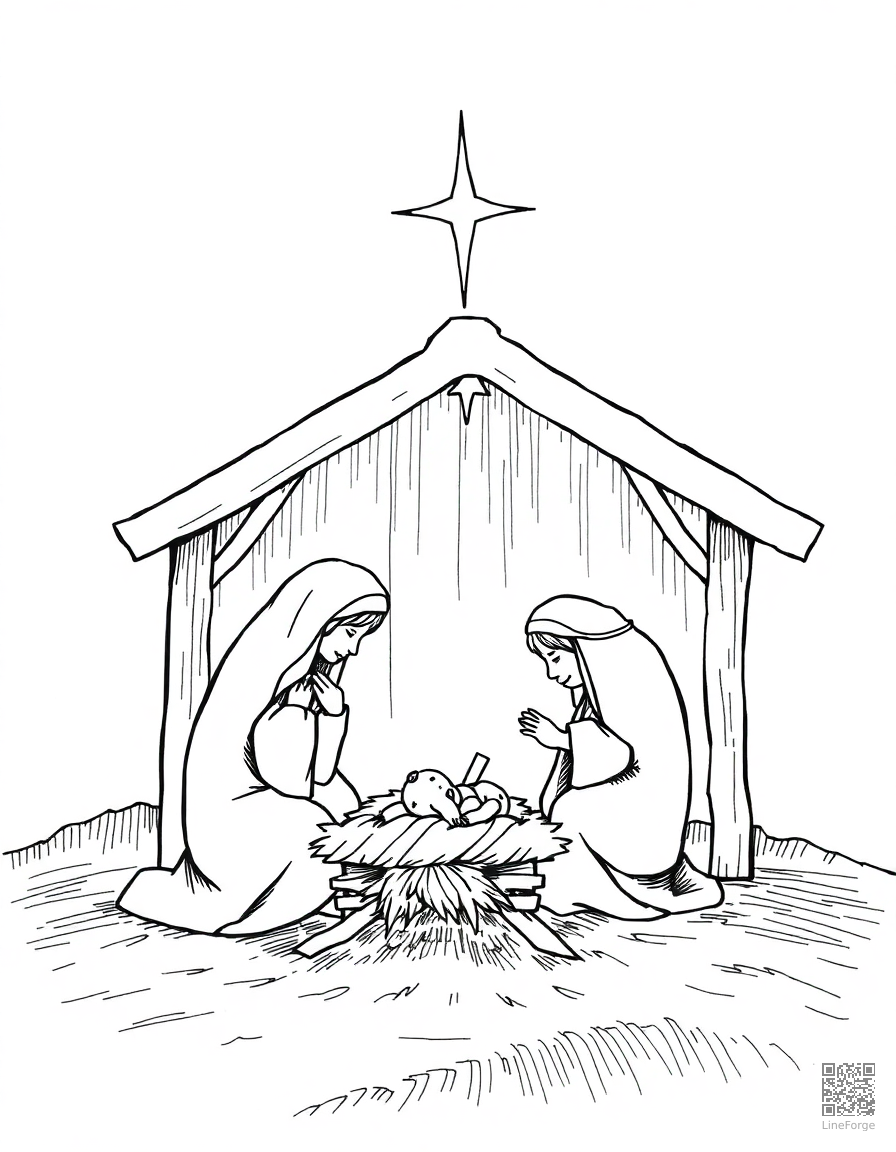 nativity scene with manger and star coloring page Crosshatch style - free printable