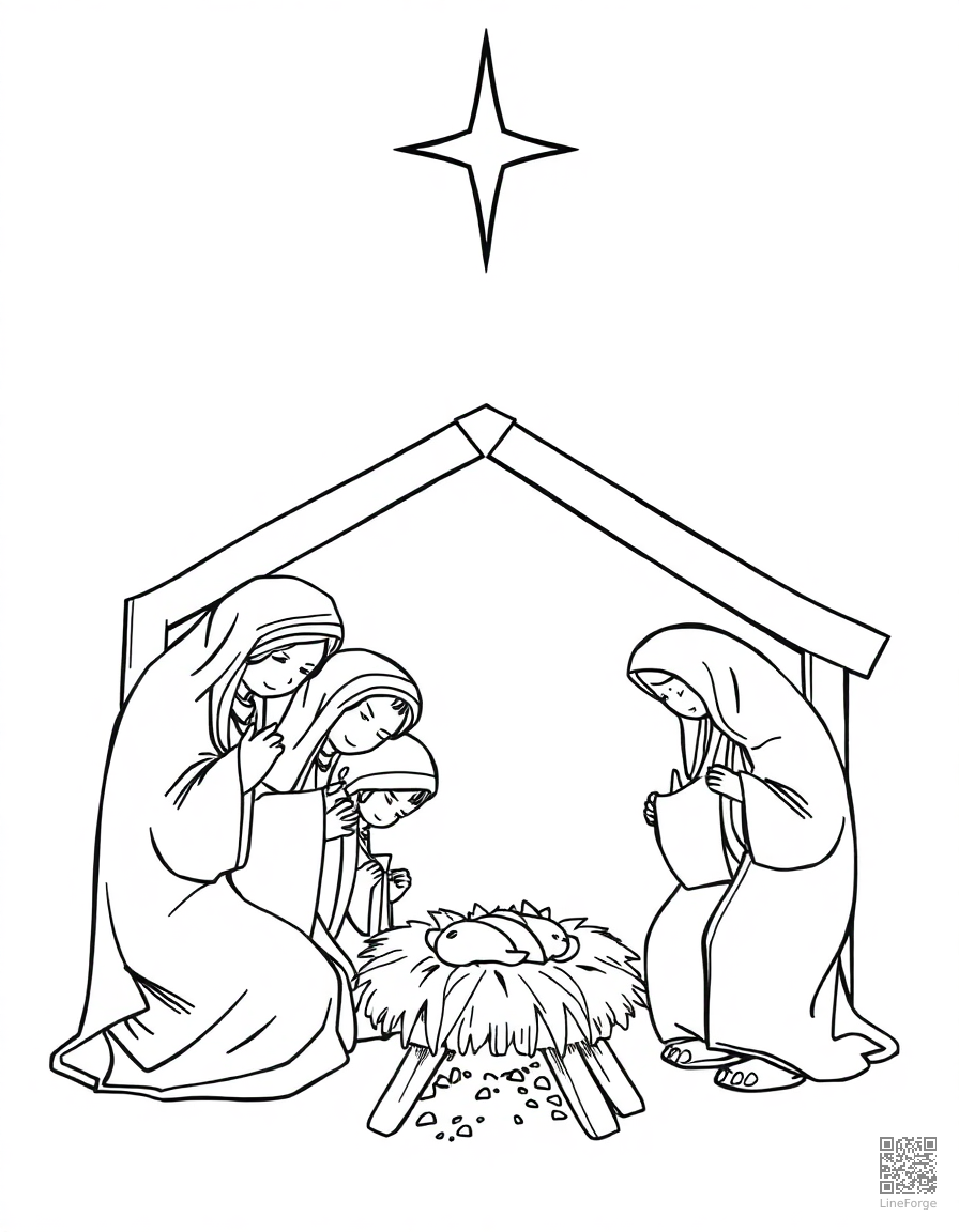 nativity scene with manger and star coloring page Manga style - free printable