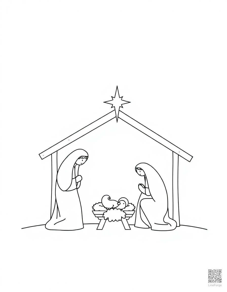 nativity scene with manger and star coloring page Minimal style - free printable