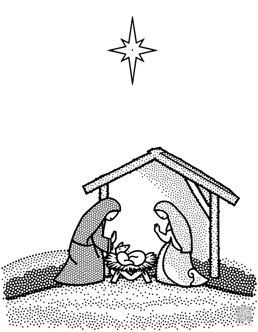nativity scene with manger and star coloring page Stipple style - free printable