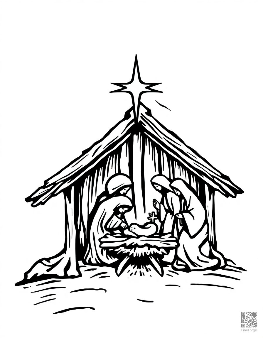 nativity scene with manger and star coloring page Woodcut style - free printable