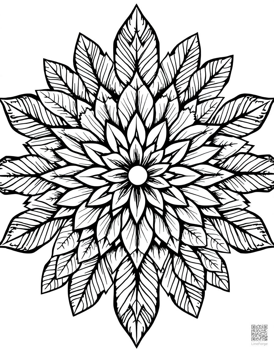nature mandala made of leaves and flowers coloring page Crosshatch style free printable
