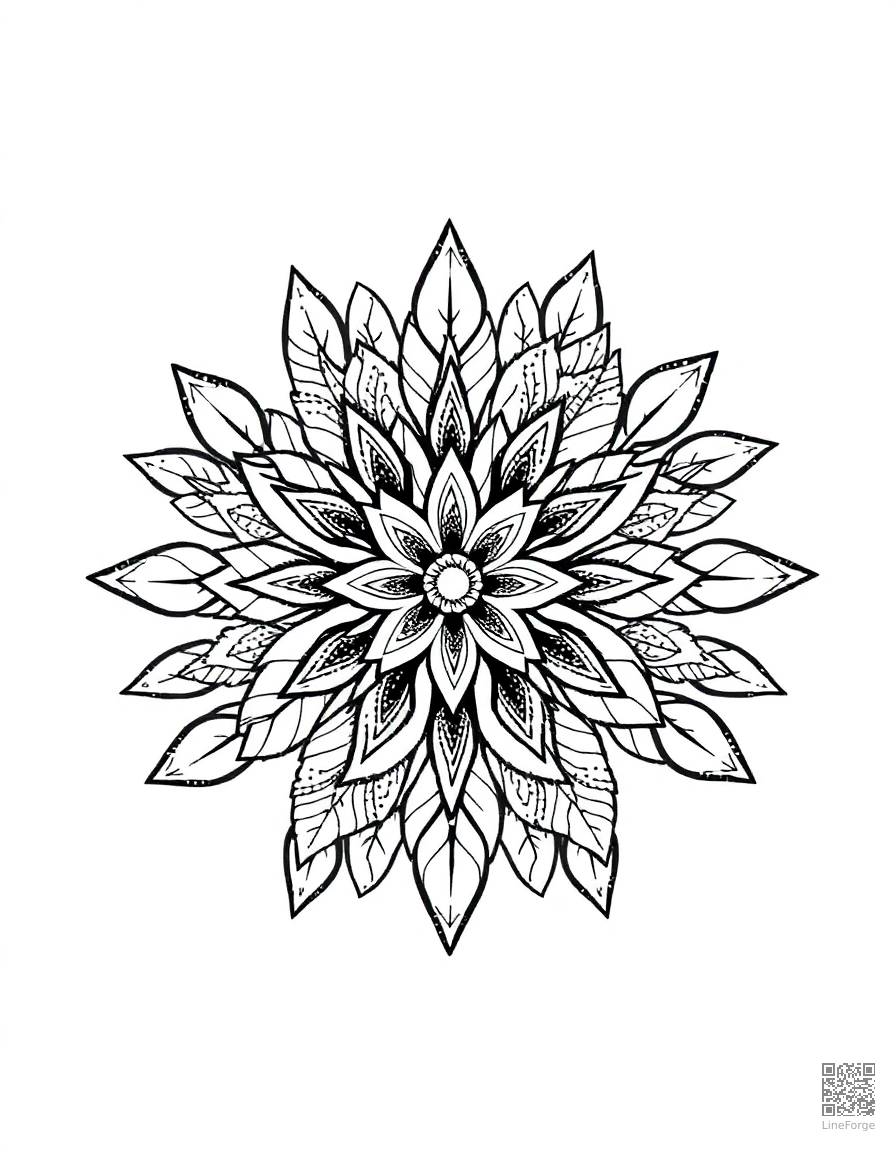 nature mandala made of leaves and flowers coloring page Stipple style free printable