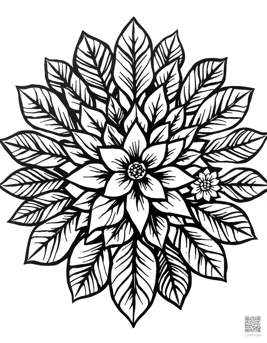 nature mandala made of leaves and flowers coloring page Woodcut style free printable