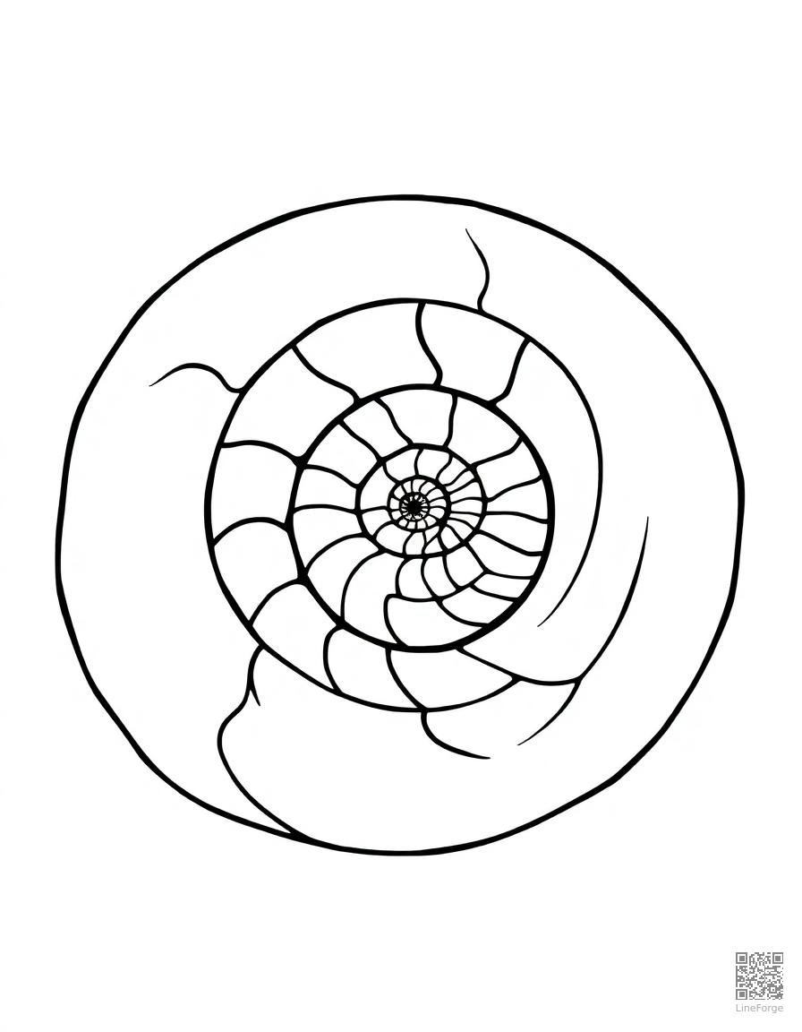 Free nautilus shell spiral in ocean current coloring page in contour style — printable line art