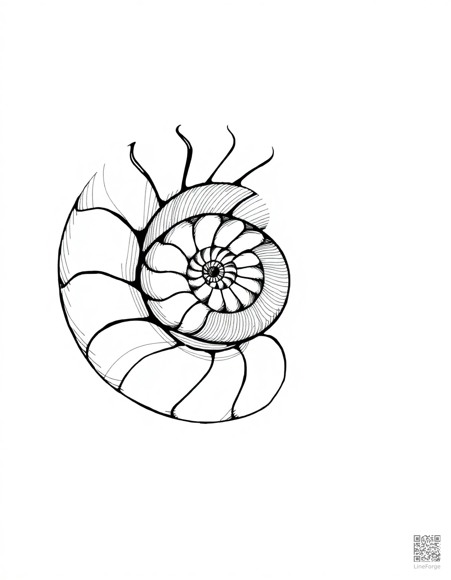 Free nautilus shell spiral in ocean current coloring page in crosshatch style — printable line art