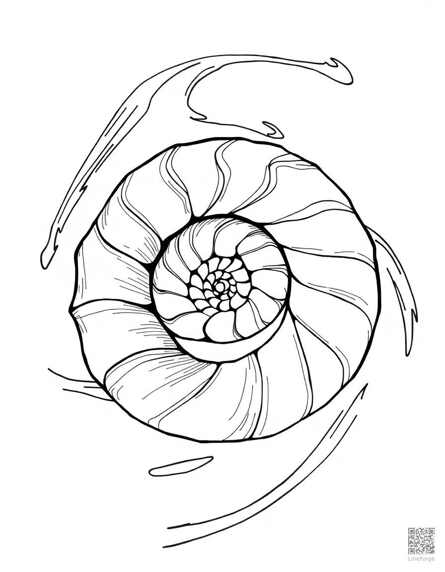 Free nautilus shell spiral in ocean current coloring page in manga style — printable line art