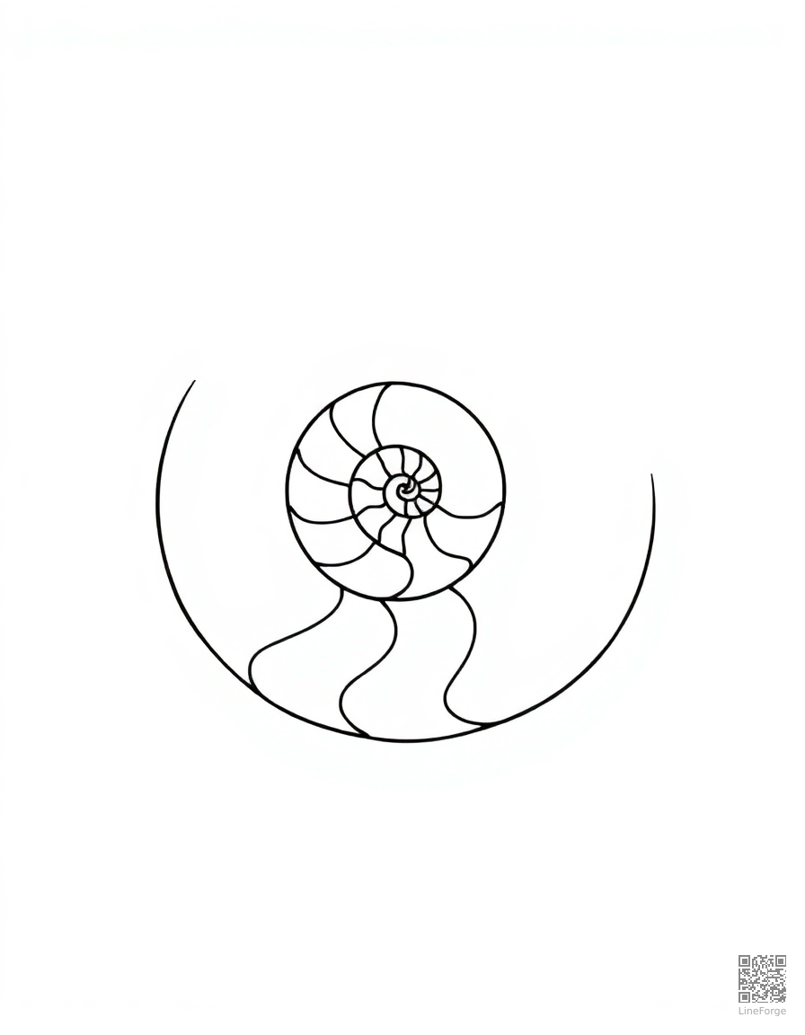 Free nautilus shell spiral in ocean current coloring page in minimal style — printable line art