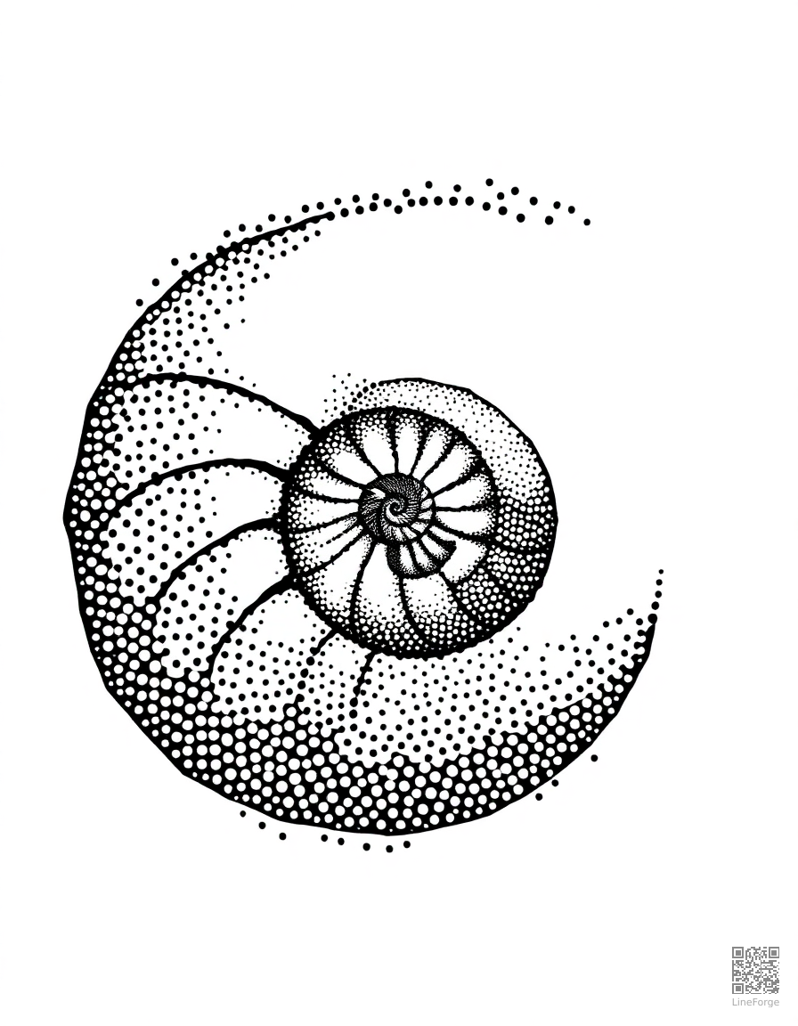 Free nautilus shell spiral in ocean current coloring page in stipple style — printable line art