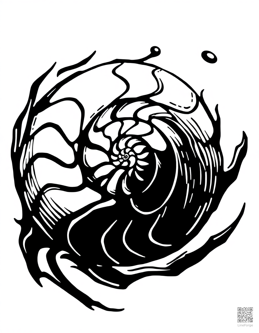 Free nautilus shell spiral in ocean current coloring page in woodcut style — printable line art