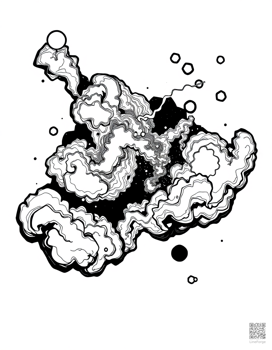 nebula with colorful gas clouds coloring page Woodcut style - free printable