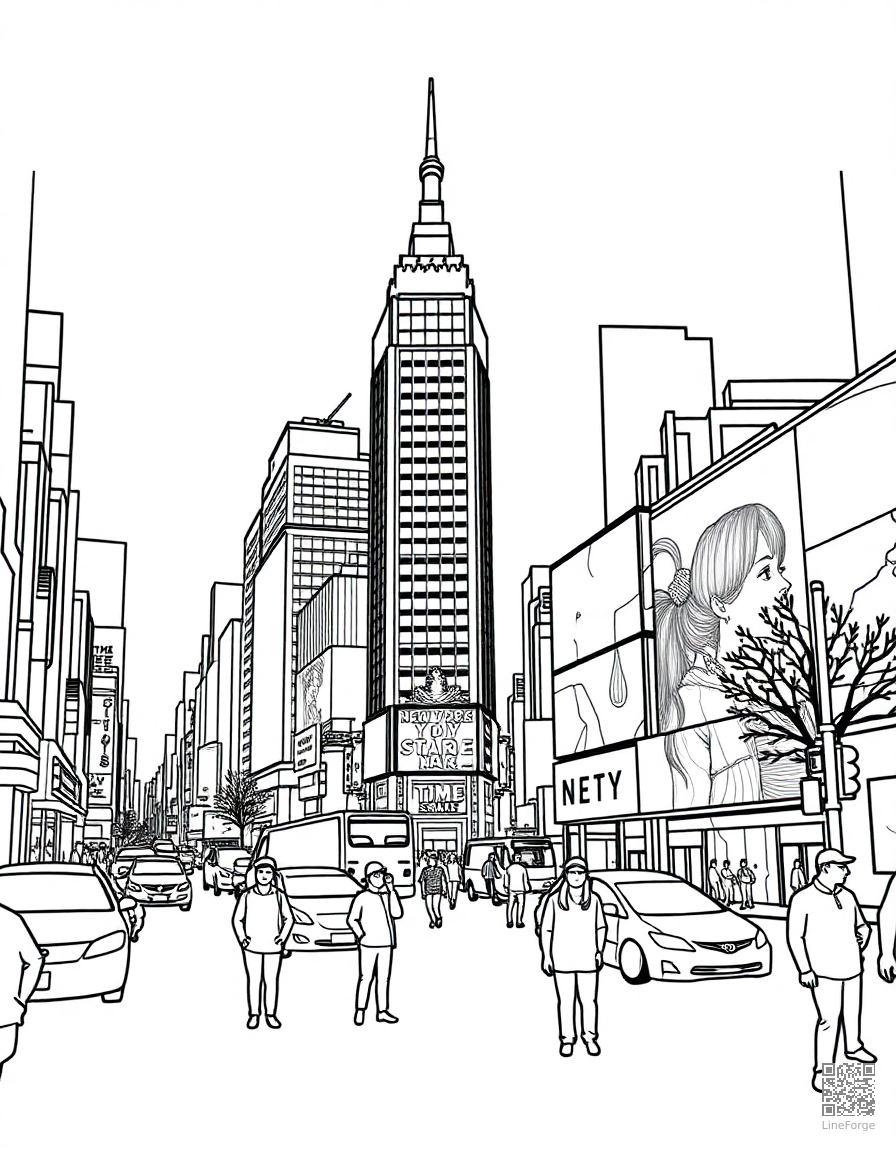 Free new york city times square at night coloring page in contour style — printable line art