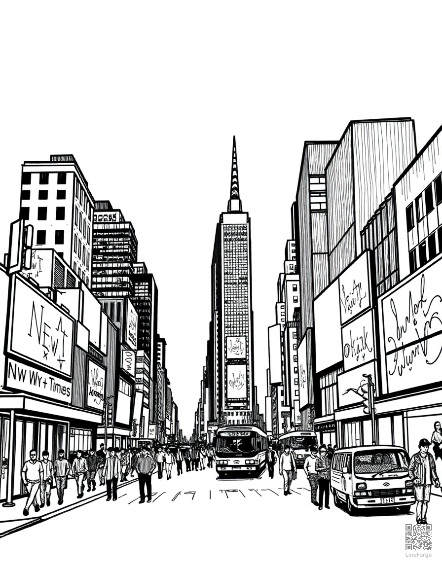new york city times square at night coloring page Crosshatch style free printable
