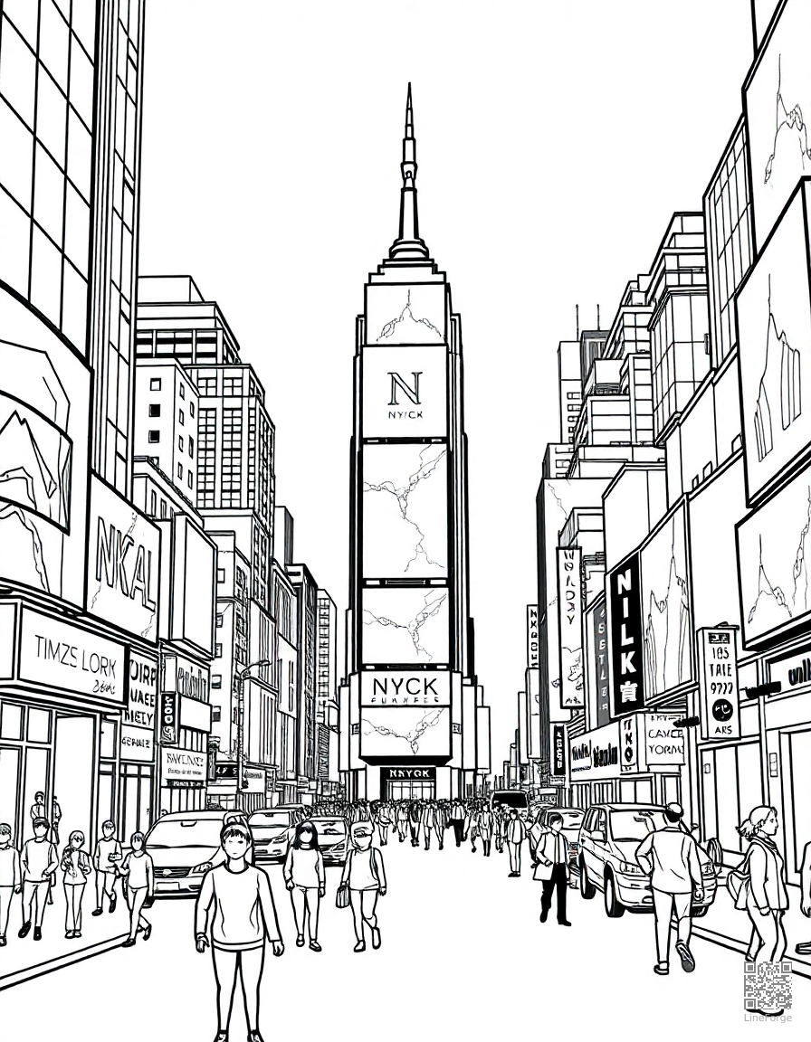 Free new york city times square at night coloring page in manga style — printable line art