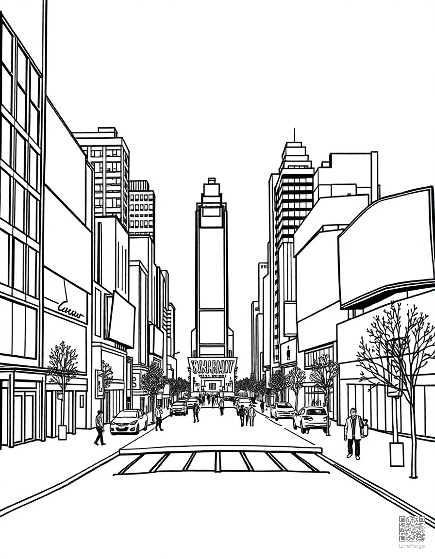 Free new york city times square at night coloring page in minimal style — printable line art