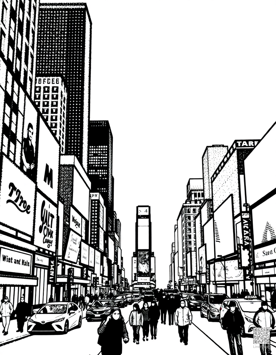 new york city times square at night coloring page Stipple style free printable