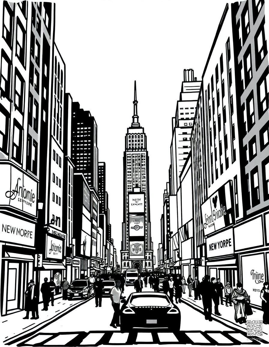 Free new york city times square at night coloring page in woodcut style — printable line art