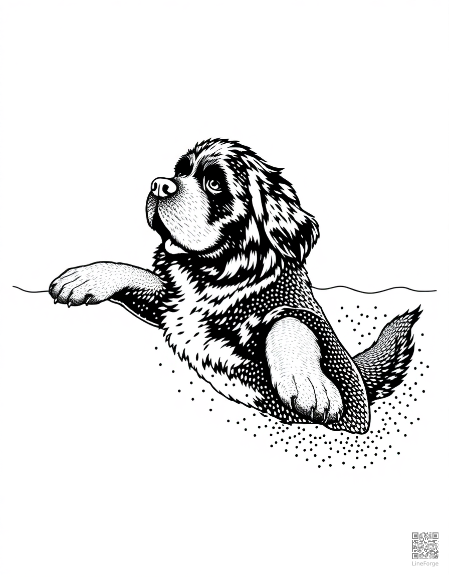 newfoundland dog swimming to rescue someone coloring page Stipple style - free printable