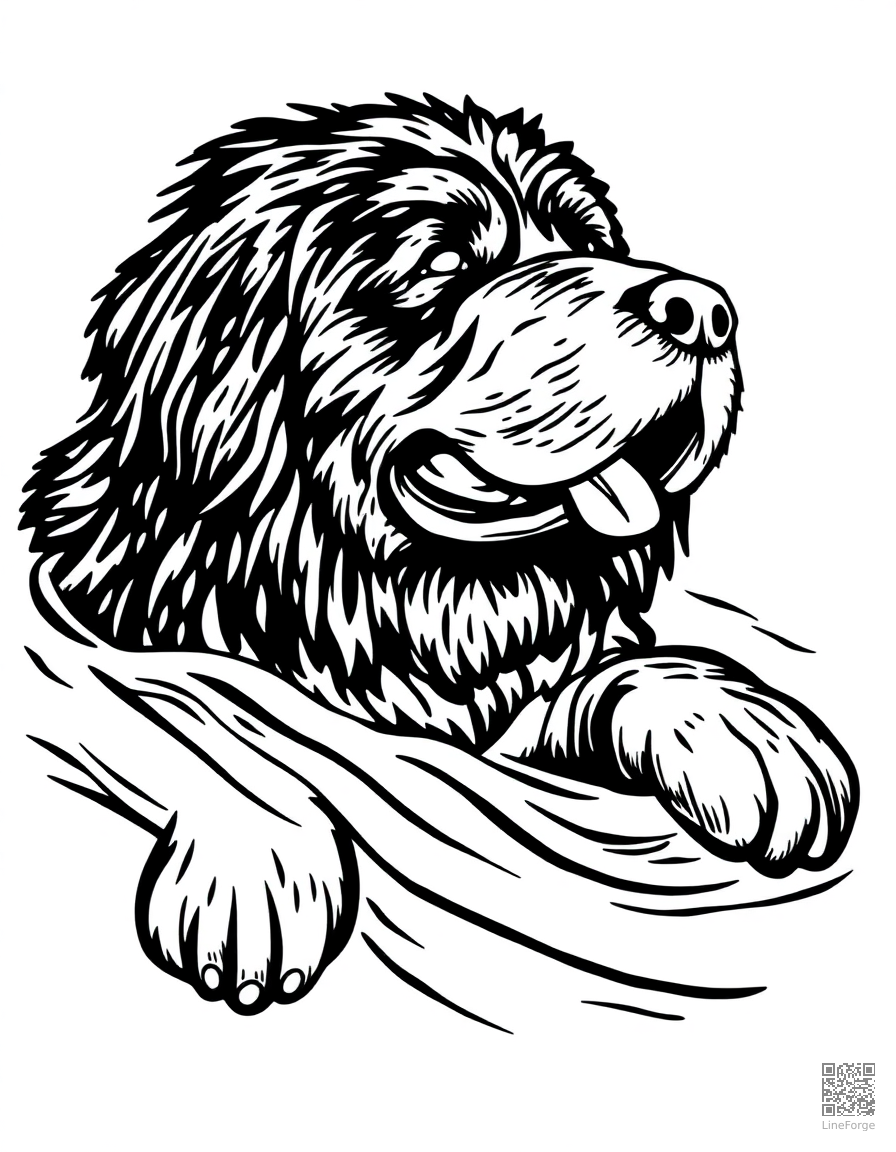 newfoundland dog swimming to rescue someone coloring page Woodcut style - free printable