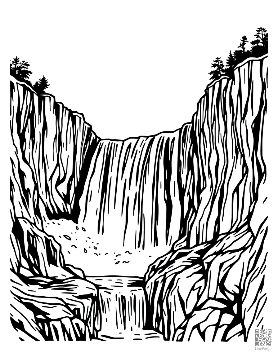 niagara falls with rainbow mist coloring page Woodcut style - free printable