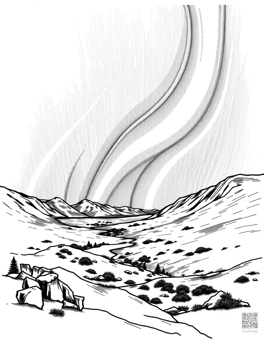 northern lights over iceland landscape coloring page Crosshatch style free printable