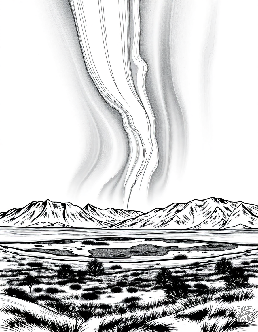northern lights over iceland landscape coloring page Manga style free printable