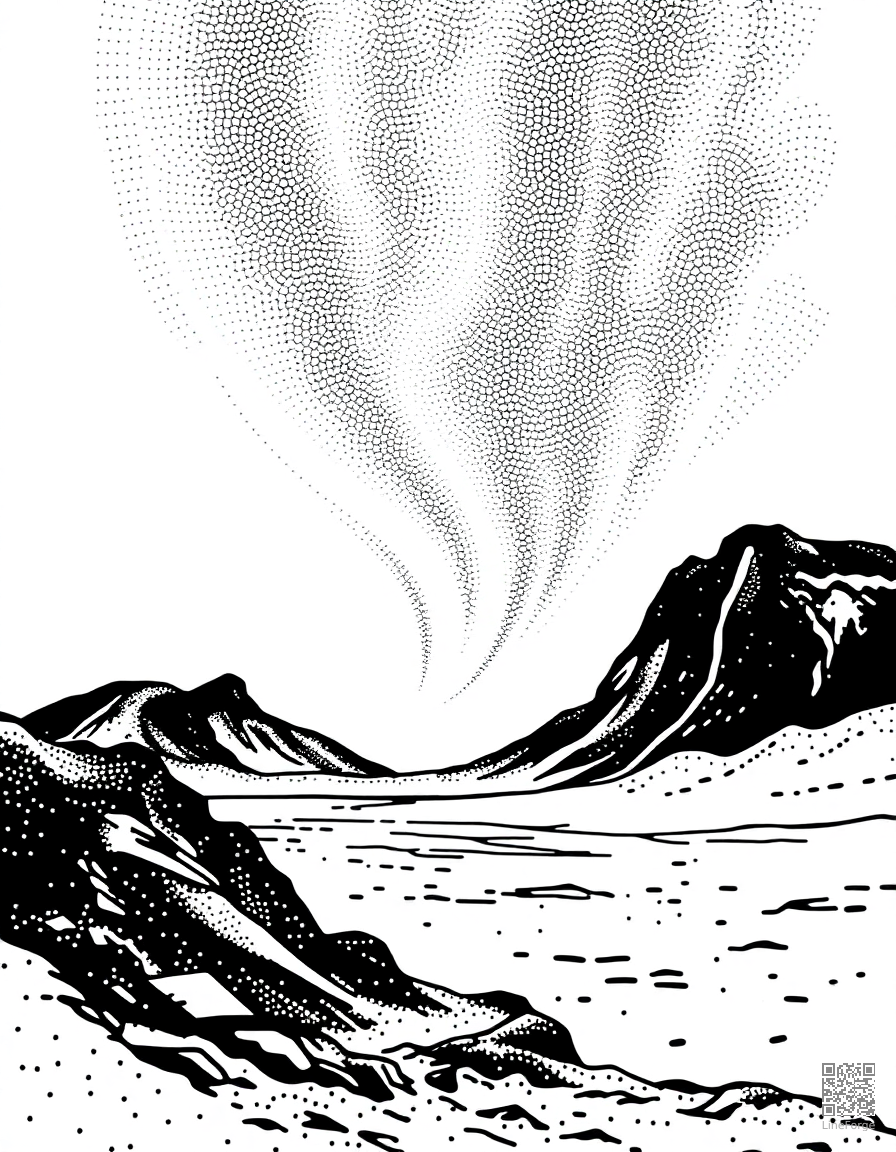 northern lights over iceland landscape coloring page Stipple style free printable