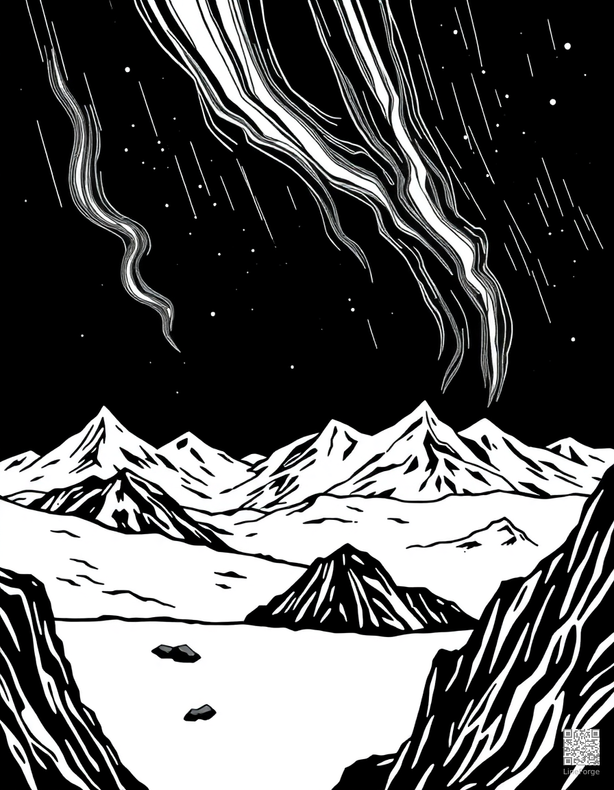 northern lights over iceland landscape coloring page Woodcut style free printable