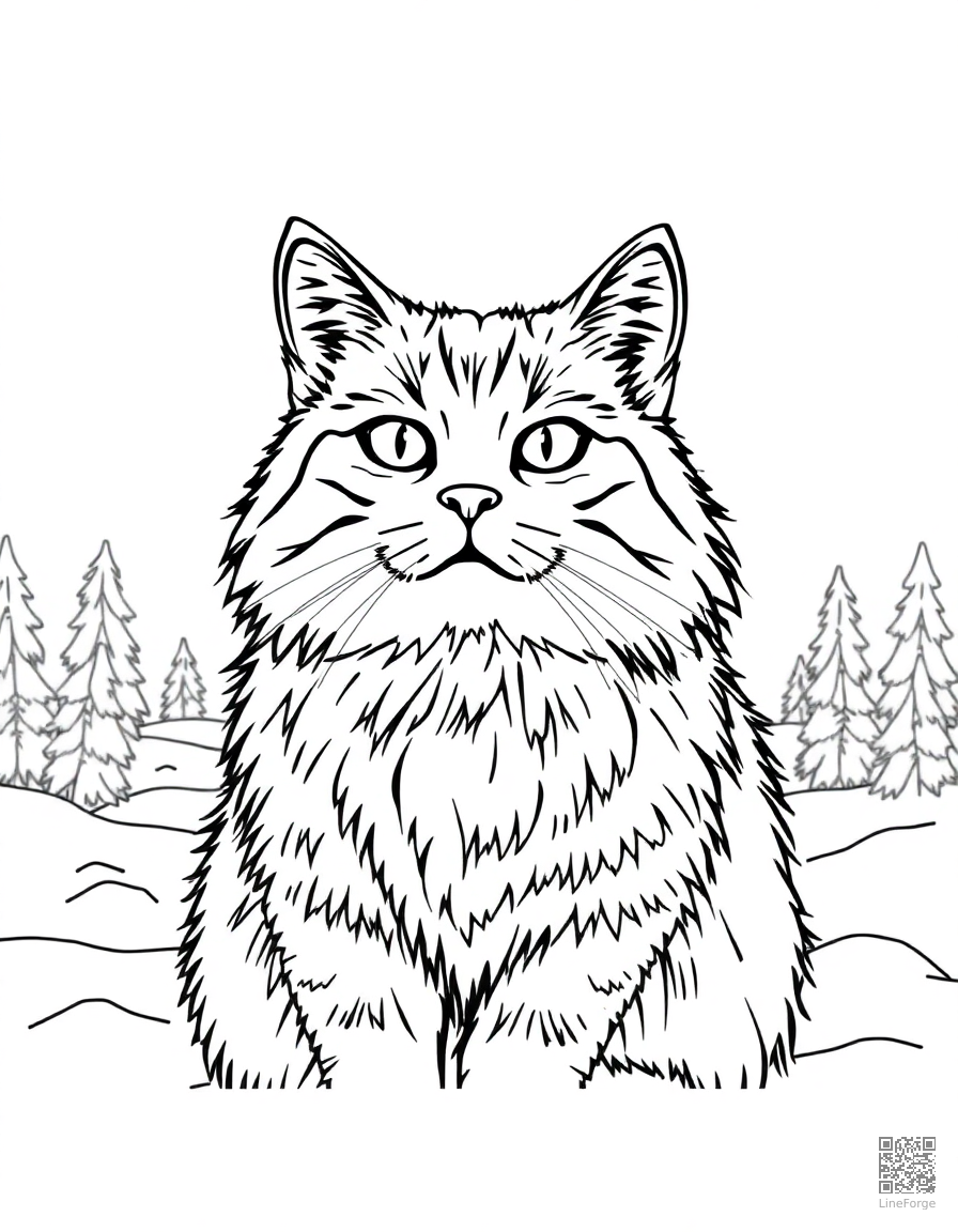norwegian forest cat in a snowy landscape coloring page Contour style - free printable