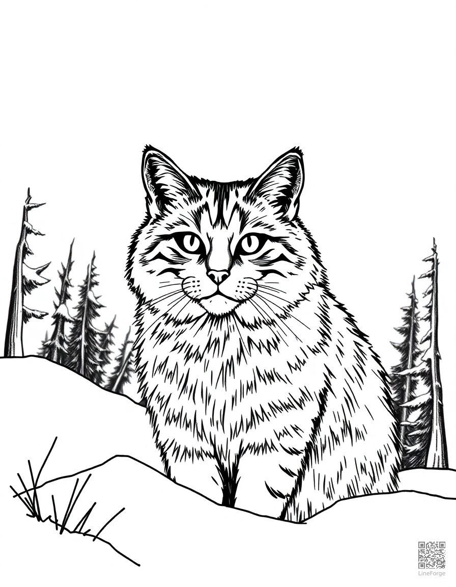 norwegian forest cat in a snowy landscape coloring page Crosshatch style - free printable