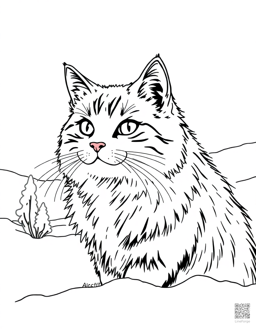 norwegian forest cat in a snowy landscape coloring page Manga style - free printable
