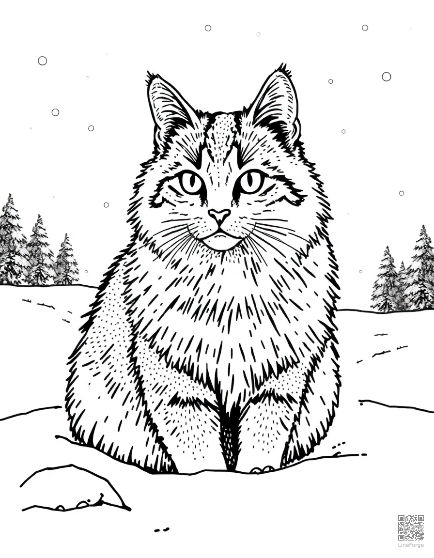 norwegian forest cat in a snowy landscape coloring page Stipple style - free printable
