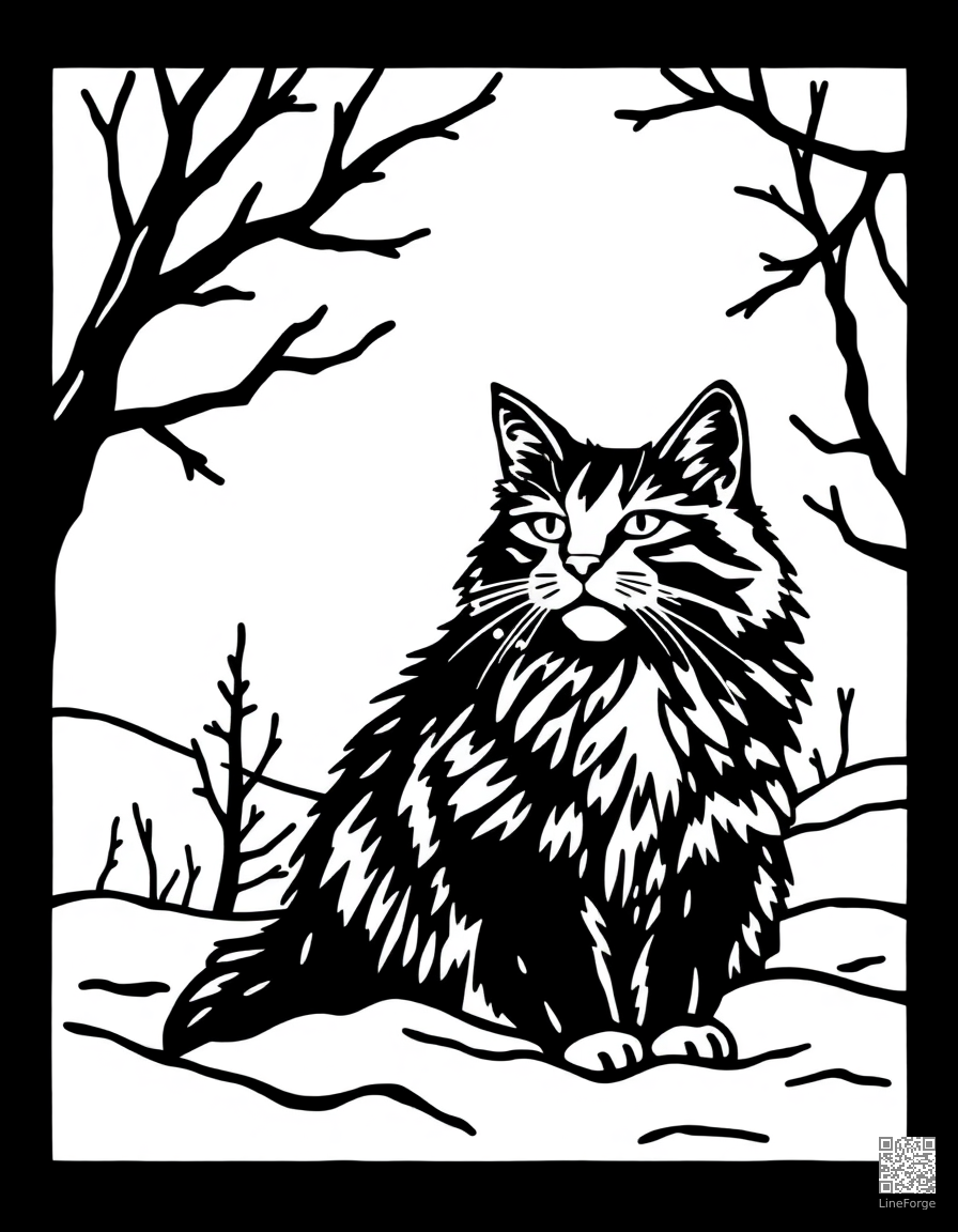 norwegian forest cat in a snowy landscape coloring page Woodcut style - free printable