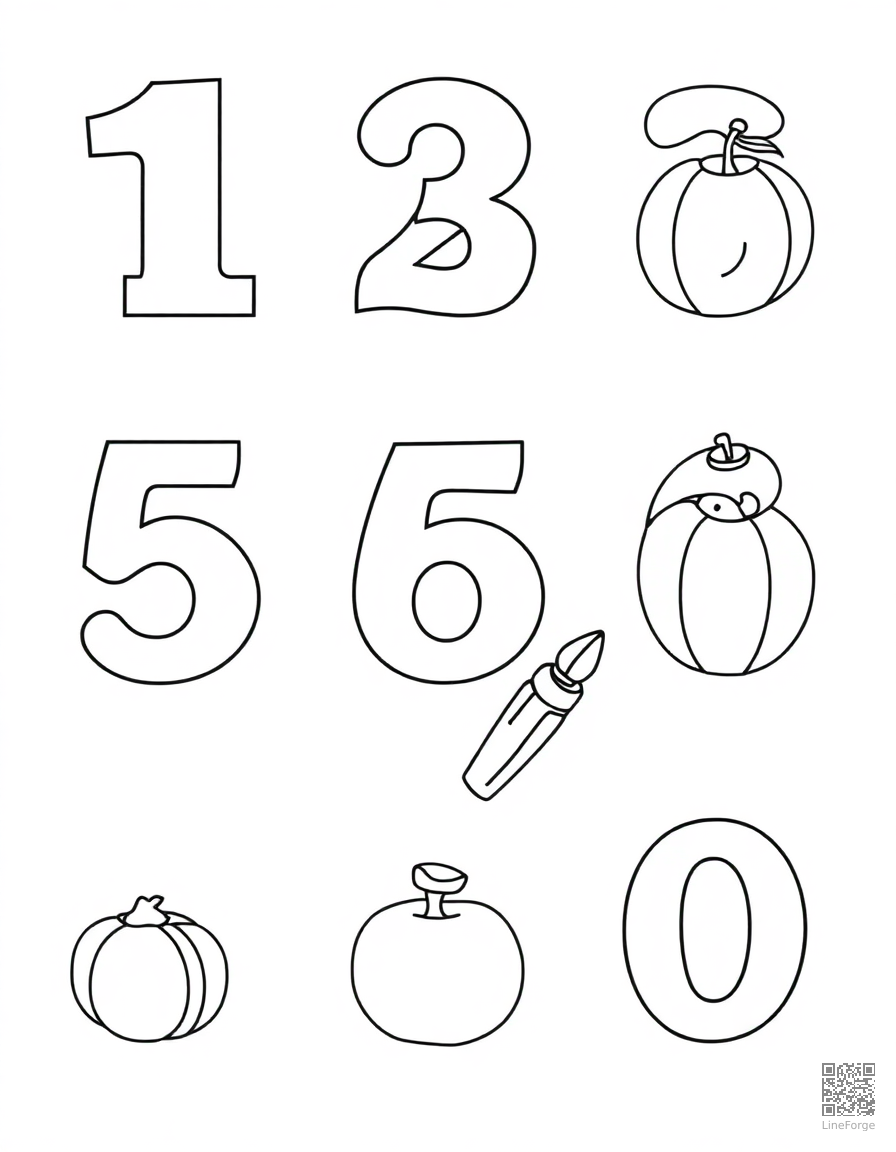 numbers 1 through 10 with counting objects coloring page Contour style - free printable