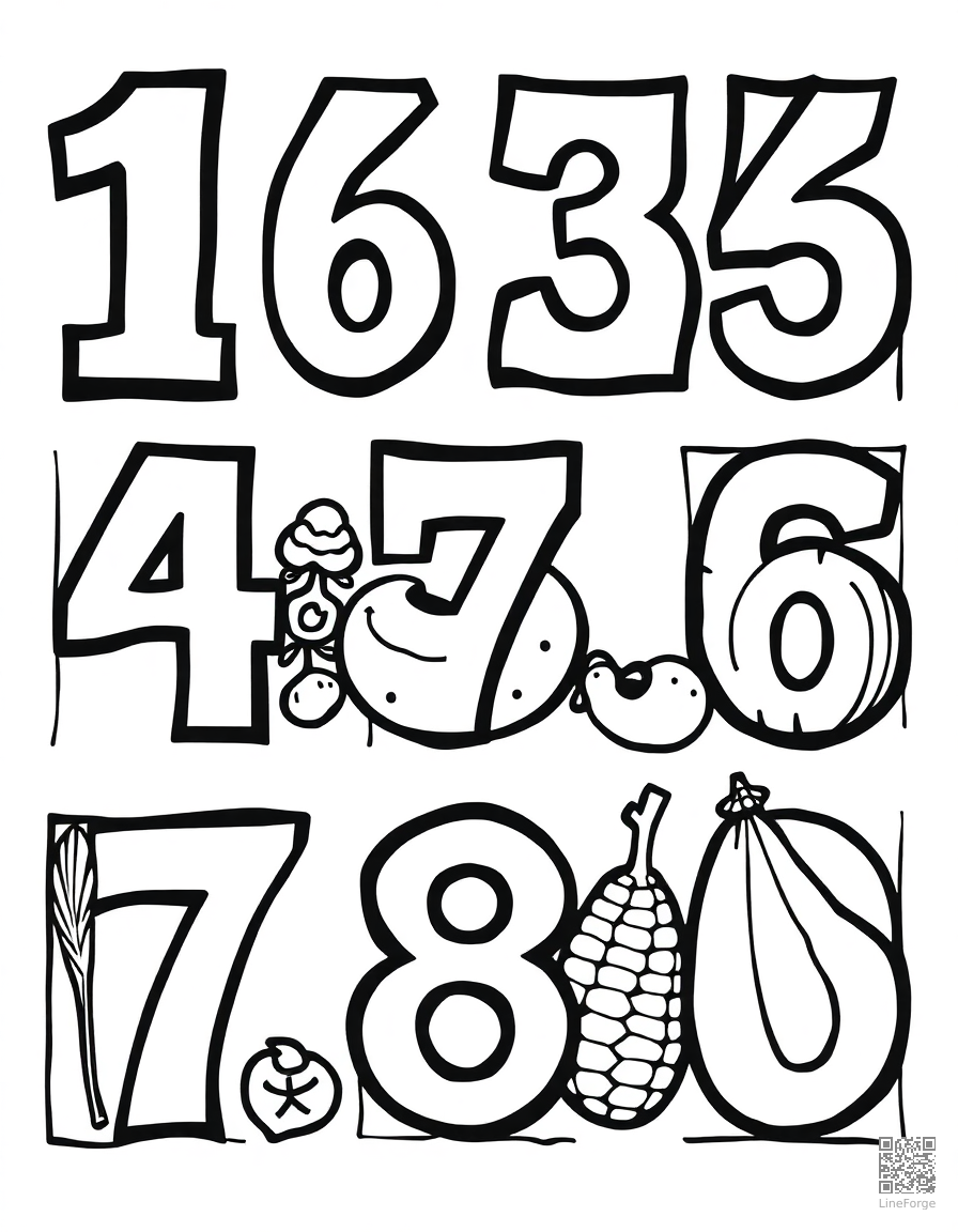 numbers 1 through 10 with counting objects coloring page Woodcut style - free printable