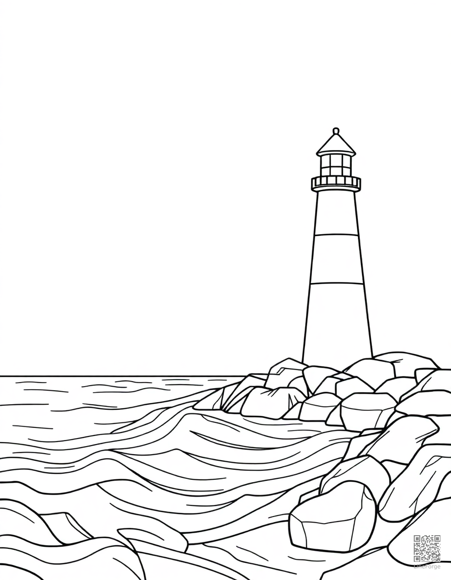 ocean scene with lighthouse on the shore coloring page Contour style - free printable