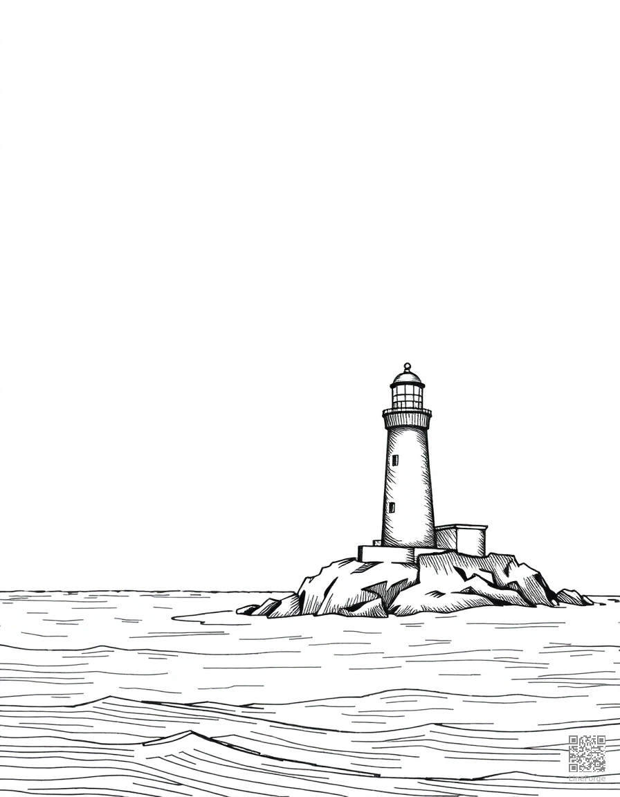 ocean scene with lighthouse on the shore coloring page Crosshatch style - free printable