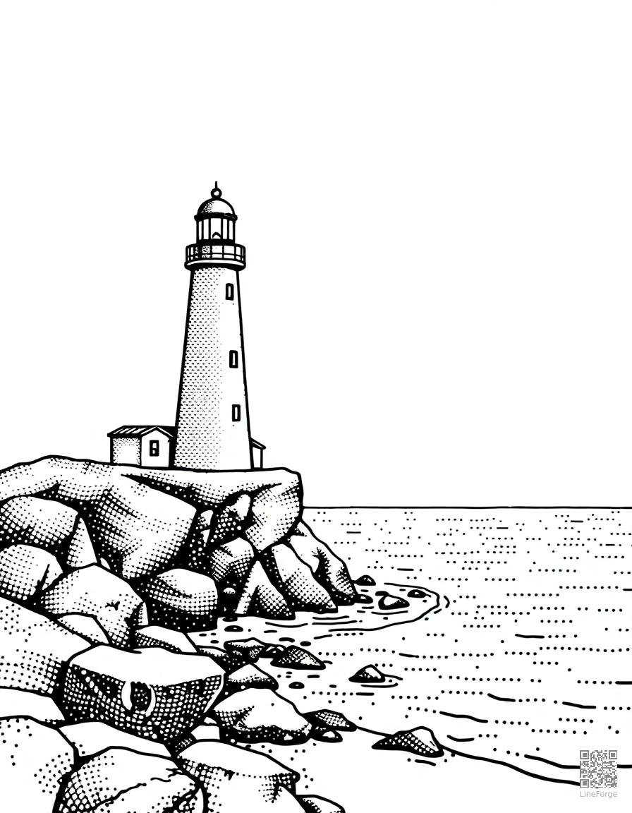 ocean scene with lighthouse on the shore coloring page Stipple style - free printable